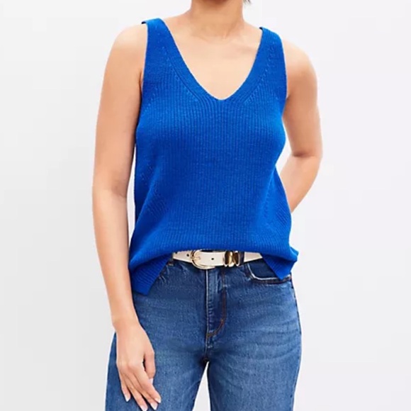 Loft Cobalt Blue Current Knit Sweater Top Sleeves V-neck Women Size S New - Picture 1 of 8
